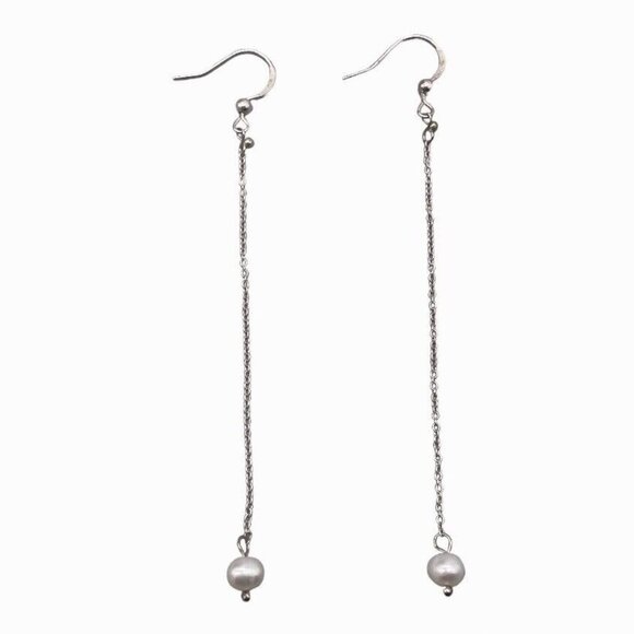 925 Sterling Sterling Silver Long Chain Beaded Pearl Dangle Drop Earrings - Picture 1 of 3